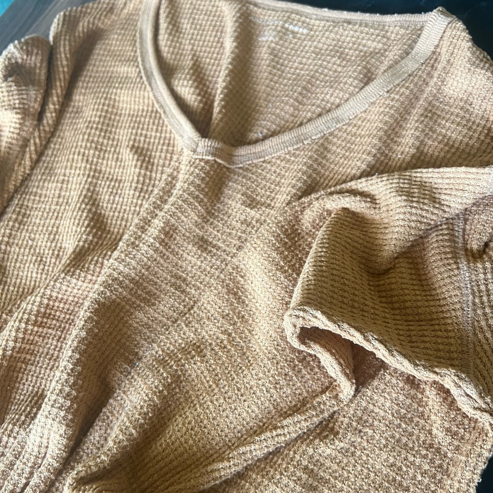 Tan Waffle Knit V-Neck Top